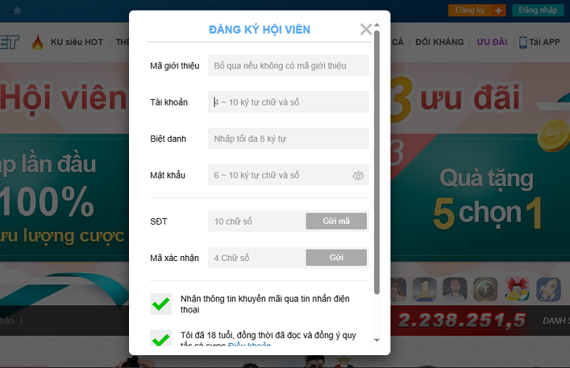 Các bước tạo tài khoản tại Kubet